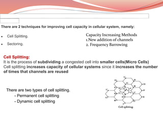 There are 2 techniques for improving cell capacity in cellular system, namely:
● Cell Splitting.
● Sectoring.
Capacity Increasing Methods
1.New addition of channels
2. Frequency Barrowing
Cell Splitting:
It is the process of subdividing a congested cell into smaller cells(Micro Cells)
Cell splitting increases capacity of cellular systems since it increases the number
of times that channels are reused
There are two types of cell splitting.
- Permanent cell splitting
- Dynamic cell splitting
 