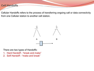 Cell Handoffs
Cellular Handoffs refers to the process of transferring ongoing call or data connectivity
from one Cellular station to another cell station.
A B
There are two types of Handoffs:
1. Hard Handoff - “break and make”
2. Soft Handoff - “make and break”
 