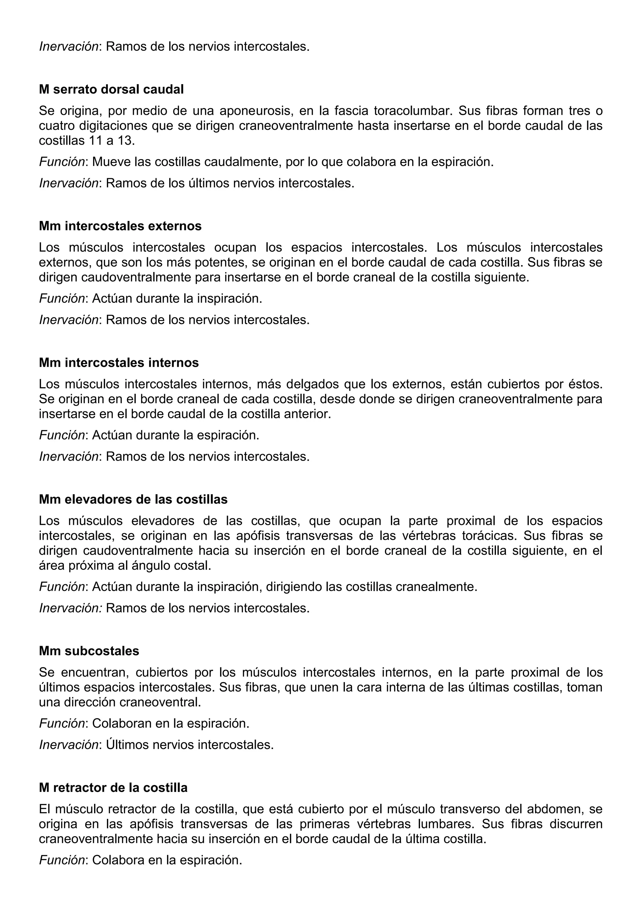 Inervación: Ramos de los nervios intercostales.
M serrato dorsal caudal
Se origina, por medio de una aponeurosis, en la fascia toracolumbar. Sus fibras forman tres o
cuatro digitaciones que se dirigen craneoventralmente hasta insertarse en el borde caudal de las
costillas 11 a 13.
Función: Mueve las costillas caudalmente, por lo que colabora en la espiración.
Inervación: Ramos de los últimos nervios intercostales.
Mm intercostales externos
Los músculos intercostales ocupan los espacios intercostales. Los músculos intercostales
externos, que son los más potentes, se originan en el borde caudal de cada costilla. Sus fibras se
dirigen caudoventralmente para insertarse en el borde craneal de la costilla siguiente.
Función: Actúan durante la inspiración.
Inervación: Ramos de los nervios intercostales.
Mm intercostales internos
Los músculos intercostales internos, más delgados que los externos, están cubiertos por éstos.
Se originan en el borde craneal de cada costilla, desde donde se dirigen craneoventralmente para
insertarse en el borde caudal de la costilla anterior.
Función: Actúan durante la espiración.
Inervación: Ramos de los nervios intercostales.
Mm elevadores de las costillas
Los músculos elevadores de las costillas, que ocupan la parte proximal de los espacios
intercostales, se originan en las apófisis transversas de las vértebras torácicas. Sus fibras se
dirigen caudoventralmente hacia su inserción en el borde craneal de la costilla siguiente, en el
área próxima al ángulo costal.
Función: Actúan durante la inspiración, dirigiendo las costillas cranealmente.
Inervación: Ramos de los nervios intercostales.
Mm subcostales
Se encuentran, cubiertos por los músculos intercostales internos, en la parte proximal de los
últimos espacios intercostales. Sus fibras, que unen la cara interna de las últimas costillas, toman
una dirección craneoventral.
Función: Colaboran en la espiración.
Inervación: Últimos nervios intercostales.
M retractor de la costilla
El músculo retractor de la costilla, que está cubierto por el músculo transverso del abdomen, se
origina en las apófisis transversas de las primeras vértebras lumbares. Sus fibras discurren
craneoventralmente hacia su inserción en el borde caudal de la última costilla.
Función: Colabora en la espiración.
 