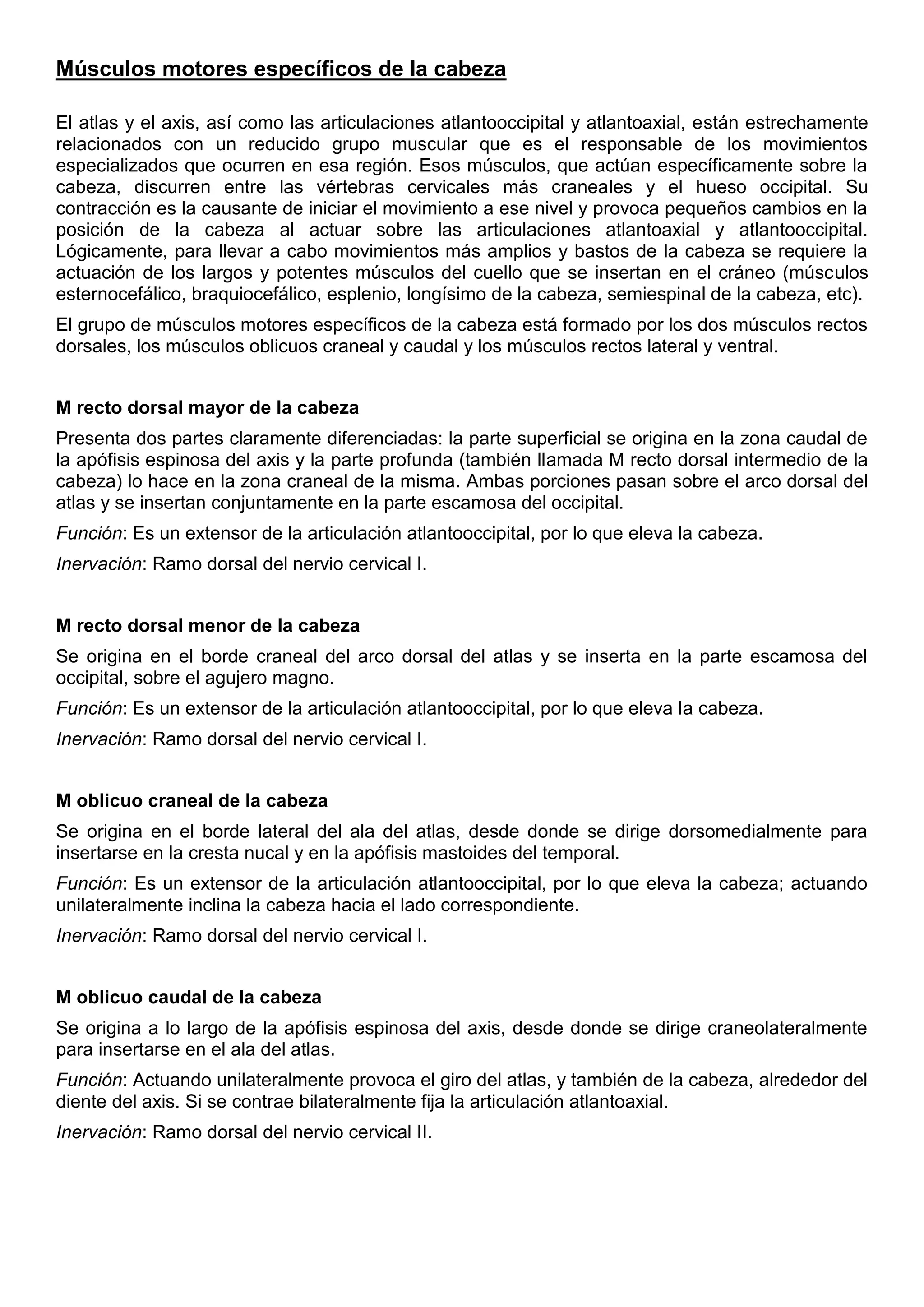 Músculos motores específicos de la cabeza
El atlas y el axis, así como las articulaciones atlantooccipital y atlantoaxial, están estrechamente
relacionados con un reducido grupo muscular que es el responsable de los movimientos
especializados que ocurren en esa región. Esos músculos, que actúan específicamente sobre la
cabeza, discurren entre las vértebras cervicales más craneales y el hueso occipital. Su
contracción es la causante de iniciar el movimiento a ese nivel y provoca pequeños cambios en la
posición de la cabeza al actuar sobre las articulaciones atlantoaxial y atlantooccipital.
Lógicamente, para llevar a cabo movimientos más amplios y bastos de la cabeza se requiere la
actuación de los largos y potentes músculos del cuello que se insertan en el cráneo (músculos
esternocefálico, braquiocefálico, esplenio, longísimo de la cabeza, semiespinal de la cabeza, etc).
El grupo de músculos motores específicos de la cabeza está formado por los dos músculos rectos
dorsales, los músculos oblicuos craneal y caudal y los músculos rectos lateral y ventral.
M recto dorsal mayor de la cabeza
Presenta dos partes claramente diferenciadas: la parte superficial se origina en la zona caudal de
la apófisis espinosa del axis y la parte profunda (también llamada M recto dorsal intermedio de la
cabeza) lo hace en la zona craneal de la misma. Ambas porciones pasan sobre el arco dorsal del
atlas y se insertan conjuntamente en la parte escamosa del occipital.
Función: Es un extensor de la articulación atlantooccipital, por lo que eleva la cabeza.
Inervación: Ramo dorsal del nervio cervical I.
M recto dorsal menor de la cabeza
Se origina en el borde craneal del arco dorsal del atlas y se inserta en la parte escamosa del
occipital, sobre el agujero magno.
Función: Es un extensor de la articulación atlantooccipital, por lo que eleva la cabeza.
Inervación: Ramo dorsal del nervio cervical I.
M oblicuo craneal de la cabeza
Se origina en el borde lateral del ala del atlas, desde donde se dirige dorsomedialmente para
insertarse en la cresta nucal y en la apófisis mastoides del temporal.
Función: Es un extensor de la articulación atlantooccipital, por lo que eleva la cabeza; actuando
unilateralmente inclina la cabeza hacia el lado correspondiente.
Inervación: Ramo dorsal del nervio cervical I.
M oblicuo caudal de la cabeza
Se origina a lo largo de la apófisis espinosa del axis, desde donde se dirige craneolateralmente
para insertarse en el ala del atlas.
Función: Actuando unilateralmente provoca el giro del atlas, y también de la cabeza, alrededor del
diente del axis. Si se contrae bilateralmente fija la articulación atlantoaxial.
Inervación: Ramo dorsal del nervio cervical II.
 