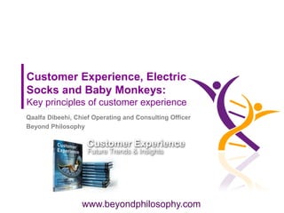 Customer Experience, Electric
Socks and Baby Monkeys:
Key principles of customer experience
Qaalfa Dibeehi, Chief Operating and Consulting Officer
Beyond Philosophy




                  www.beyondphilosophy.com
 
