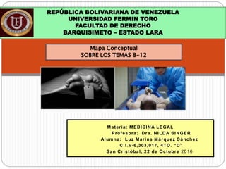 Materia: MEDICINA LEGAL
Profesora: Dra. NILDA SINGER
Alumna: Luz Marina Márquez Sánchez
C.I.V-6,303,017, 4TO. “D”
San Cristóbal, 22 de Octubre 2016.
REPÚBLICA BOLIVARIANA DE VENEZUELA
UNIVERSIDAD FERMIN TORO
FACULTAD DE DERECHO
BARQUISIMETO – ESTADO LARA
Mapa Conceptual
SOBRE LOS TEMAS 8-12
 