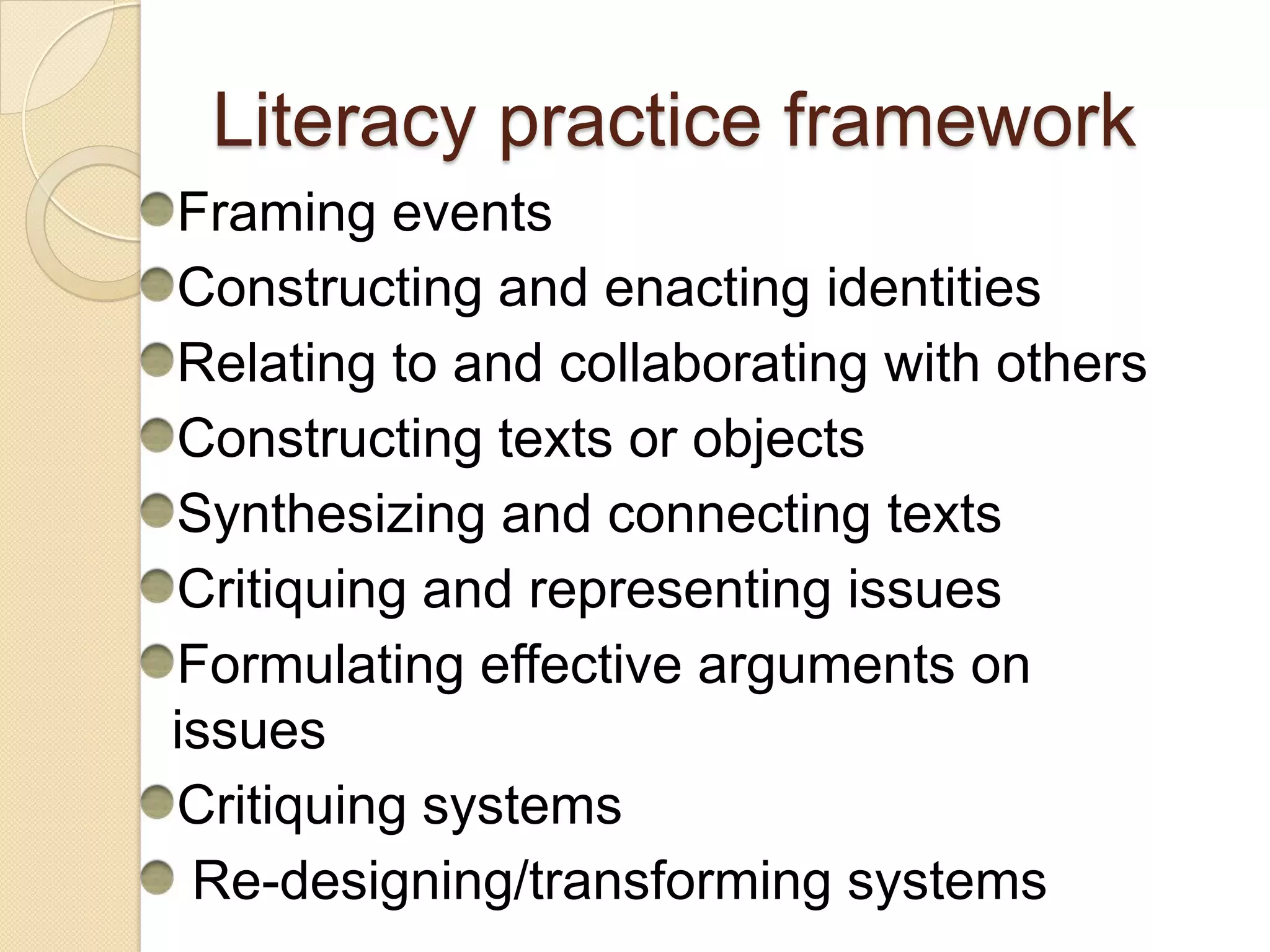 Literacy practice framework
Framing events
Constructing and enacting identities
Relating to and collaborating with others
Constructing texts or objects
Synthesizing and connecting texts
Critiquing and representing issues
Formulating effective arguments on
issues
Critiquing systems
 Re-designing/transforming systems
 