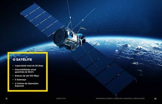 •• Capacidade total de 58 Gbps
•• Disponibilidade anual
garantida de 99,5%
•• Enlaces de até 100 Mbps
•• 5 Gateways
•• 2 Centros de Operações
Espaciais
O SATÉLITE
11 AÇÕES MCTIC 12MINISTÉRIO DA CIÊNCIA, TECNOLOGIA, INOVAÇÕES E COMUNICAÇÕES
 