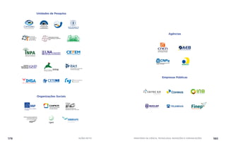 Unidades de Pesquisa
Organizações Sociais
Instituto de Desenvolvimento
Sustentável Mamirauá
Agências
Empresas Públicas
179 AÇÕES MCTIC MINISTÉRIO DA CIÊNCIA, TECNOLOGIA, INOVAÇÕES E COMUNICAÇÕES 180
 