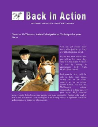 MACTIMONEY PRACTITIONER | EQUINE SPORTS MASSAGE
Discover McTimoney Animal Manipulation Technique for your
Horse
You can get equine body
work withequinenergy body
work Hertfordshire based.
If you are have horses then
you will need to ensure they
remain in top shape. You can
do this by turning to
equinenergy body work
Hertfordshire based.
Professionals here will be
able to help your horses
locally and in the safest
manner so as to ensure
perfect health. You can use
McTimoney animal
manipulation to take care of
your horse. Well nurtured
horses remain fit for longer, are happier and more productive. Equine body work is
part of the portfolio of care techniques used to keep horses in optimum condition
and comprises a staged set of processes.
 