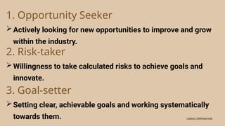 CANVA CORPORATION
CANVA CORPORATION
1. Opportunity Seeker
Actively looking for new opportunities to improve and grow
within the industry.
2. Risk-taker
Willingness to take calculated risks to achieve goals and
innovate.
3. Goal-setter
Setting clear, achievable goals and working systematically
towards them.
 