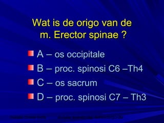 mutiple choise toets dorsale spieren,rug -schoudergordel1
Wat is de origo van deWat is de origo van de
m. Erector spinae ?m. Erector spinae ?
A –A – os occipitaleos occipitale
B –B – proc. spinosi C6 –Th4proc. spinosi C6 –Th4
C –C – os sacrumos sacrum
D –D – proc. spinosi C7 – Th3proc. spinosi C7 – Th3
 