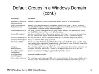 Default Groups in a Windows Domain
                    (cont.)




MCTS Windows Server 2008 Active Directory   42
 
