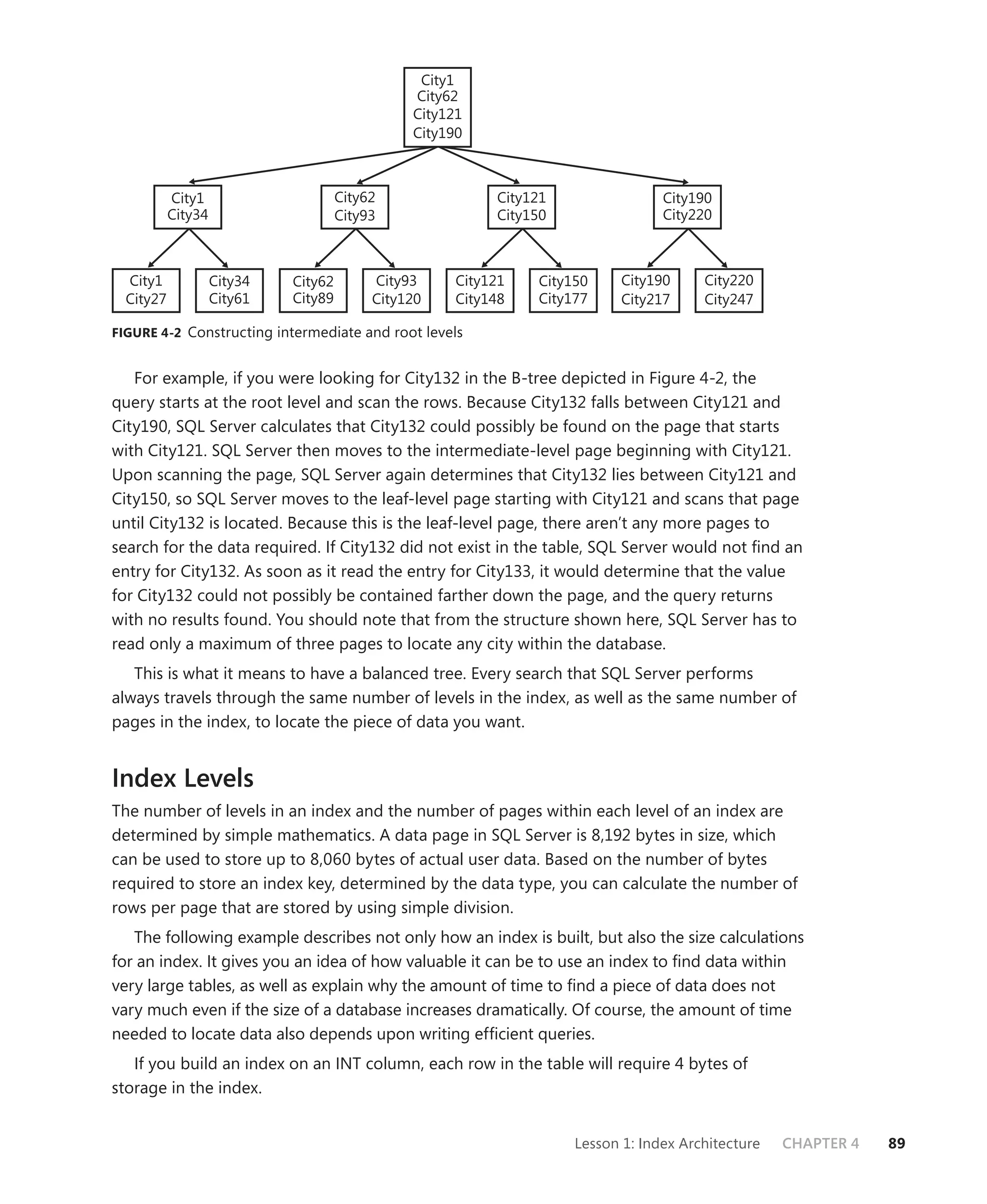 City1
                                                City62
                                                City121
                                                City190



           City1                      City62               City121                City190
           City34                     City93               City150                City220



  City1             City34   City62        City93     City121   City150     City190     City220
  City27            City61   City89        City120    City148   City177     City217     City247

FIGURE 4-2 Constructing intermediate and root levels


   For example, if you were looking for City132 in the B-tree depicted in Figure 4-2, the
query starts at the root level and scan the rows. Because City132 falls between City121 and
City190, SQL Server calculates that City132 could possibly be found on the page that starts
with City121. SQL Server then moves to the intermediate-level page beginning with City121.
Upon scanning the page, SQL Server again determines that City132 lies between City121 and
City150, so SQL Server moves to the leaf-level page starting with City121 and scans that page
until City132 is located. Because this is the leaf-level page, there aren’t any more pages to
search for the data required. If City132 did not exist in the table, SQL Server would not ﬁnd an
entry for City132. As soon as it read the entry for City133, it would determine that the value
for City132 could not possibly be contained farther down the page, and the query returns
with no results found. You should note that from the structure shown here, SQL Server has to
read only a maximum of three pages to locate any city within the database.
   This is what it means to have a balanced tree. Every search that SQL Server performs
always travels through the same number of levels in the index, as well as the same number of
pages in the index, to locate the piece of data you want.


Index Levels
The number of levels in an index and the number of pages within each level of an index are
determined by simple mathematics. A data page in SQL Server is 8,192 bytes in size, which
can be used to store up to 8,060 bytes of actual user data. Based on the number of bytes
required to store an index key, determined by the data type, you can calculate the number of
rows per page that are stored by using simple division.
   The following example describes not only how an index is built, but also the size calculations
for an index. It gives you an idea of how valuable it can be to use an index to ﬁnd data within
very large tables, as well as explain why the amount of time to ﬁnd a piece of data does not
vary much even if the size of a database increases dramatically. Of course, the amount of time
needed to locate data also depends upon writing efﬁcient queries.
   If you build an index on an INT column, each row in the table will require 4 bytes of
storage in the index.


                                                                     Lesson 1: Index Architecture   CHAPTER 4   89
 