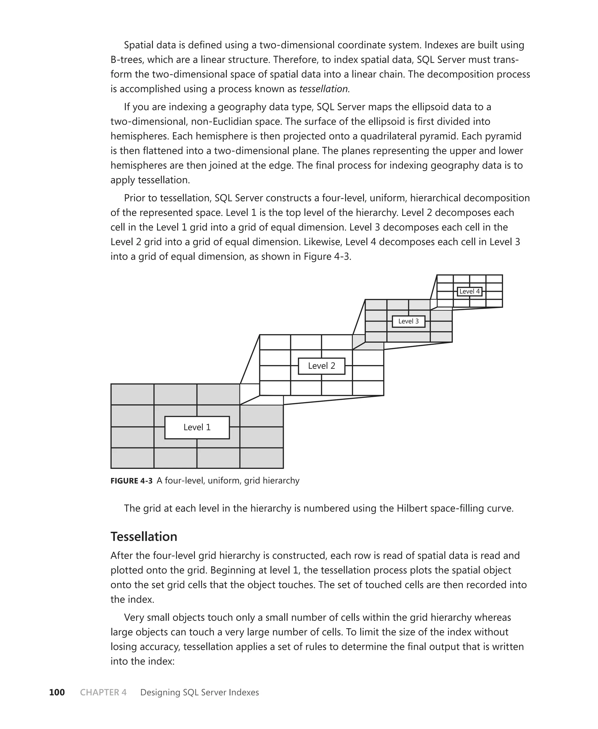 Spatial data is deﬁned using a two-dimensional coordinate system. Indexes are built using
           B-trees, which are a linear structure. Therefore, to index spatial data, SQL Server must trans-
           form the two-dimensional space of spatial data into a linear chain. The decomposition process
           is accomplished using a process known as tessellation.
               If you are indexing a geography data type, SQL Server maps the ellipsoid data to a
           two-dimensional, non-Euclidian space. The surface of the ellipsoid is ﬁrst divided into
           hemispheres. Each hemisphere is then projected onto a quadrilateral pyramid. Each pyramid
           is then ﬂattened into a two-dimensional plane. The planes representing the upper and lower
           hemispheres are then joined at the edge. The ﬁnal process for indexing geography data is to
           apply tessellation.
               Prior to tessellation, SQL Server constructs a four-level, uniform, hierarchical decomposition
           of the represented space. Level 1 is the top level of the hierarchy. Level 2 decomposes each
           cell in the Level 1 grid into a grid of equal dimension. Level 3 decomposes each cell in the
           Level 2 grid into a grid of equal dimension. Likewise, Level 4 decomposes each cell in Level 3
           into a grid of equal dimension, as shown in Figure 4-3.


                                                                                            Level 4



                                                                              Level 3




                                                              Level 2




                             Level 1




           FIGURE 4-3 A four-level, uniform, grid hierarchy


              The grid at each level in the hierarchy is numbered using the Hilbert space-ﬁlling curve.

           Tessellation
           After the four-level grid hierarchy is constructed, each row is read of spatial data is read and
           plotted onto the grid. Beginning at level 1, the tessellation process plots the spatial object
           onto the set grid cells that the object touches. The set of touched cells are then recorded into
           the index.
              Very small objects touch only a small number of cells within the grid hierarchy whereas
           large objects can touch a very large number of cells. To limit the size of the index without
           losing accuracy, tessellation applies a set of rules to determine the ﬁnal output that is written
           into the index:


100   CHAPTER 4   Designing SQL Server Indexes
 