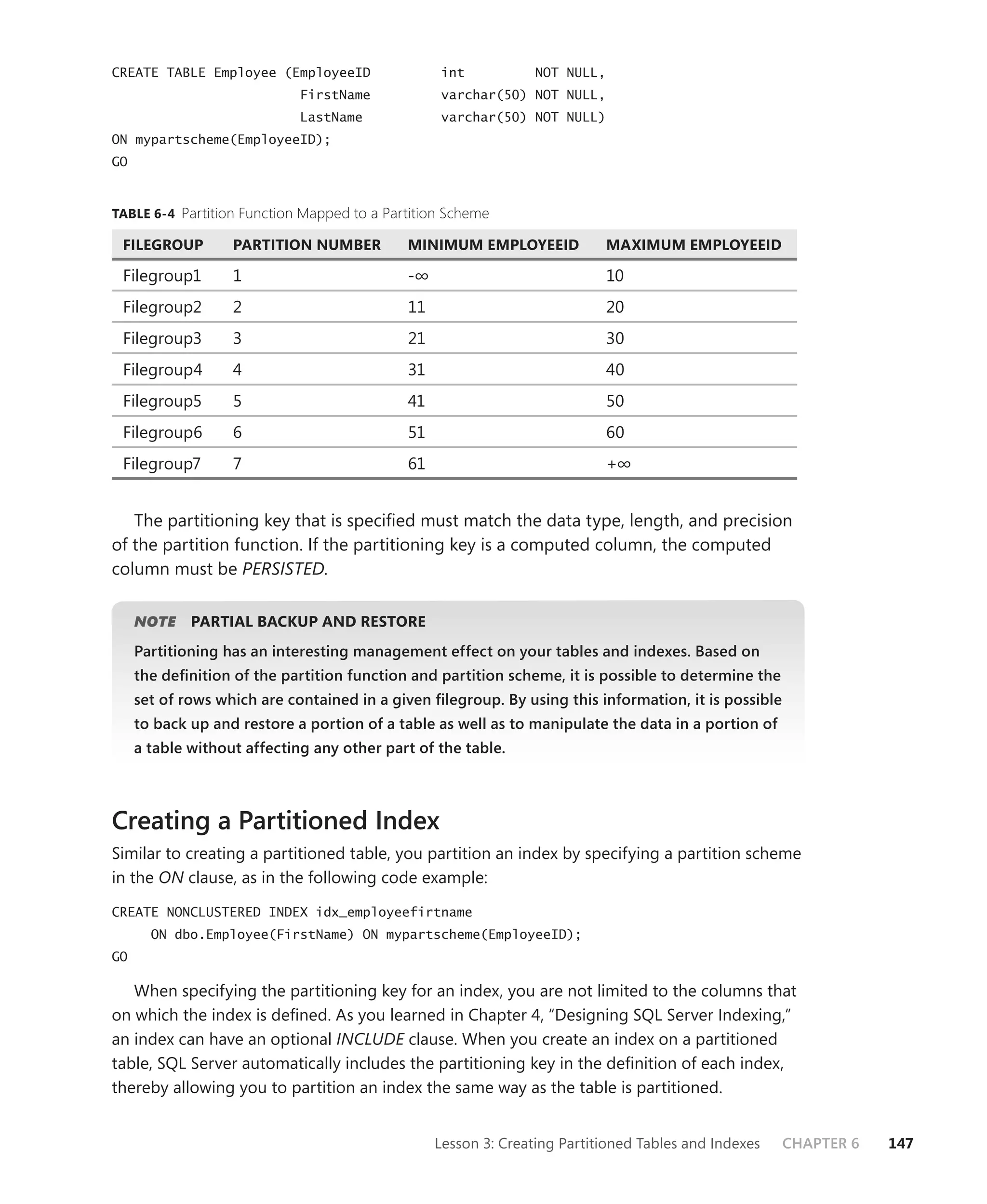 CREATE TABLE Employee (EmployeeID                int            NOT NULL,
                             FirstName           varchar(50) NOT NULL,
                             LastName            varchar(50) NOT NULL)
ON mypartscheme(EmployeeID);
GO



TABLE 6-4 Partition Function Mapped to a Partition Scheme

 FILEGROUP         PARTITION NUMBER         MINIMUM EMPLOYEEID              MAXIMUM EMPLOYEEID

 Filegroup1        1                        -∞                              10
 Filegroup2        2                        11                              20
 Filegroup3        3                        21                              30
 Filegroup4        4                        31                              40
 Filegroup5        5                        41                              50
 Filegroup6        6                        51                              60
 Filegroup7        7                        61                              +∞


   The partitioning key that is speciﬁed must match the data type, length, and precision
of the partition function. If the partitioning key is a computed column, the computed
column must be PERSISTED.

     NOTE
        E    PARTIAL BACKUP AND RESTORE
     Partitioning has an interesting management effect on your tables and indexes. Based on
     the deﬁnition of the partition function and partition scheme, it is possible to determine the
     set of rows which are contained in a given ﬁlegroup. By using this information, it is possible
     to back up and restore a portion of a table as well as to manipulate the data in a portion of
     a table without affecting any other part of the table.



Creating a Partitioned Index
Similar to creating a partitioned table, you partition an index by specifying a partition scheme
in the ON clause, as in the following code example:

CREATE NONCLUSTERED INDEX idx_employeefirtname
       ON dbo.Employee(FirstName) ON mypartscheme(EmployeeID);
GO

   When specifying the partitioning key for an index, you are not limited to the columns that
on which the index is deﬁned. As you learned in Chapter 4, “Designing SQL Server Indexing,”
an index can have an optional INCLUDE clause. When you create an index on a partitioned
table, SQL Server automatically includes the partitioning key in the deﬁnition of each index,
thereby allowing you to partition an index the same way as the table is partitioned.


                                                 Lesson 3: Creating Partitioned Tables and Indexes    CHAPTER 6   147
 
