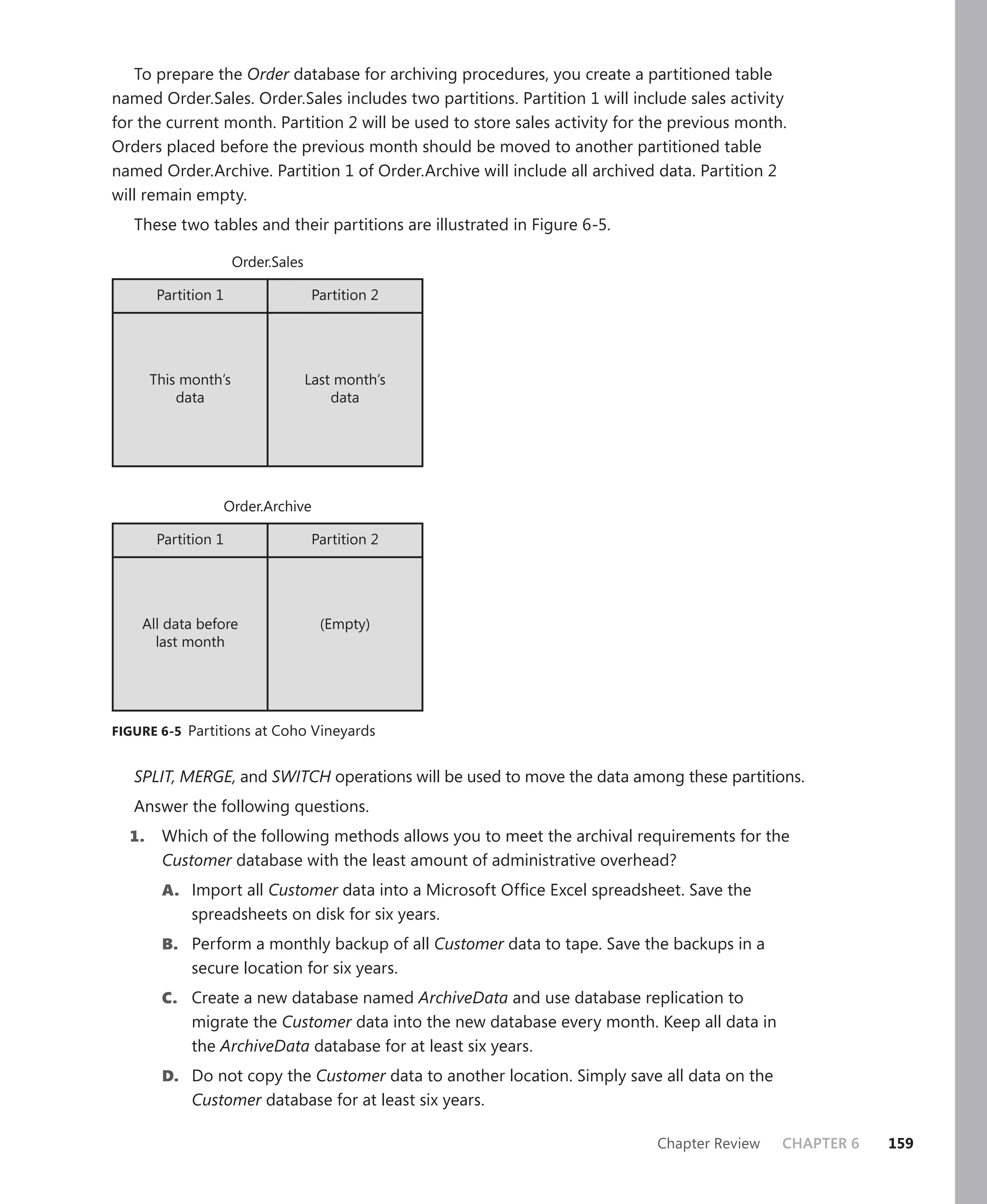 To prepare the Order database for archiving procedures, you create a partitioned table
named Order.Sales. Order.Sales includes two partitions. Partition 1 will include sales activity
for the current month. Partition 2 will be used to store sales activity for the previous month.
Orders placed before the previous month should be moved to another partitioned table
named Order.Archive. Partition 1 of Order.Archive will include all archived data. Partition 2
will remain empty.
   These two tables and their partitions are illustrated in Figure 6-5.

                      Order.Sales

        Partition 1                  Partition 2




       This month’s                 Last month’s
           data                         data




                  Order.Archive

        Partition 1                  Partition 2




    All data before                   (Empty)
      last month




FIGURE 6-5 Partitions at Coho Vineyards


   SPLIT, MERGE, and SWITCH operations will be used to move the data among these partitions.
   Answer the following questions.
  1.    Which of the following methods allows you to meet the archival requirements for the
        Customer database with the least amount of administrative overhead?
        A. Import all Customer data into a Microsoft Ofﬁce Excel spreadsheet. Save the
             spreadsheets on disk for six years.
        B. Perform a monthly backup of all Customer data to tape. Save the backups in a
             secure location for six years.
        C. Create a new database named ArchiveData and use database replication to
             migrate the Customer data into the new database every month. Keep all data in
             the ArchiveData database for at least six years.
        D. Do not copy the Customer data to another location. Simply save all data on the
             Customer database for at least six years.

                                                                            Chapter Review    CHAPTER 6   159
 