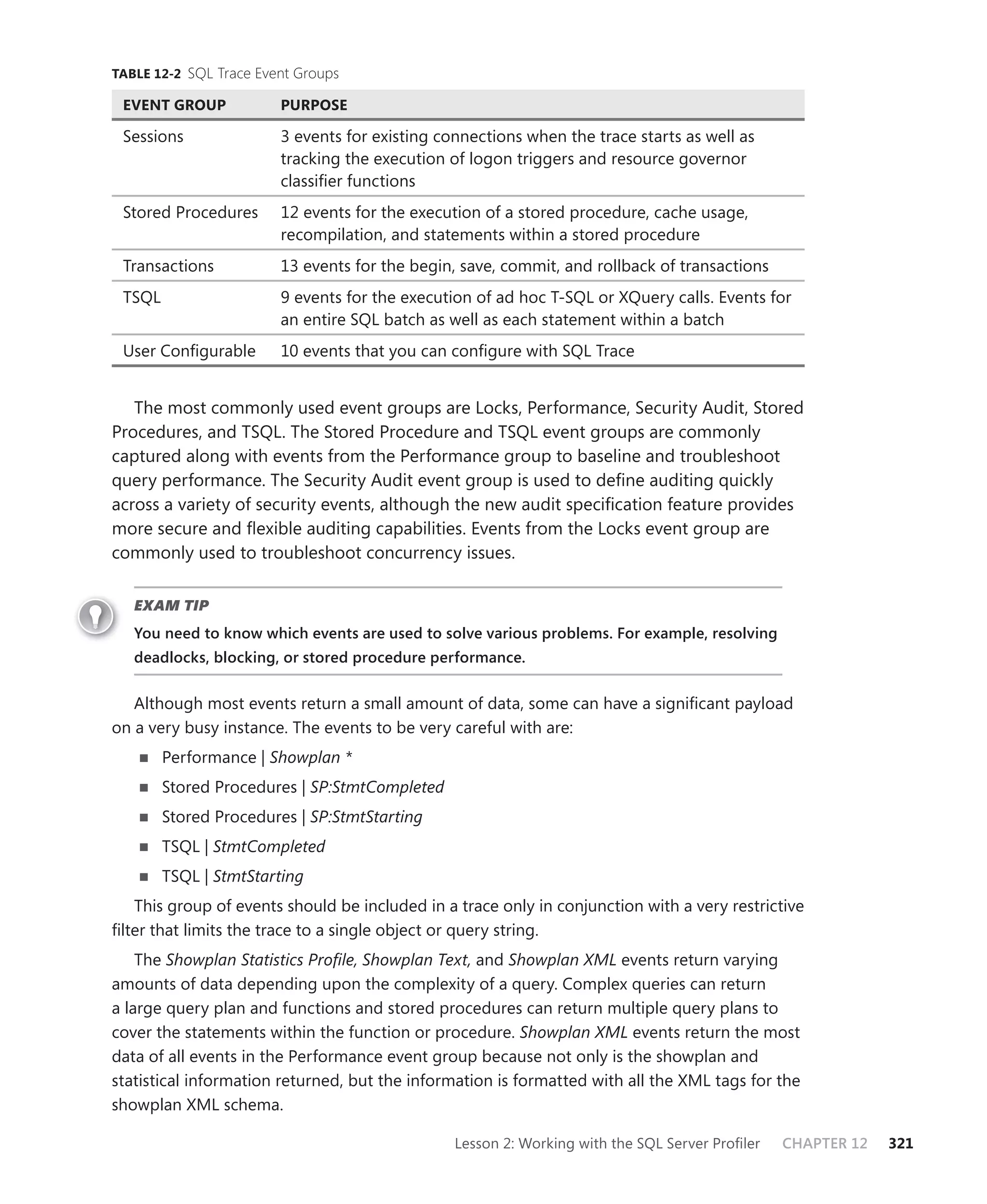 TABLE 12-2 SQL Trace Event Groups

 EVENT GROUP            PURPOSE

 Sessions               3 events for existing connections when the trace starts as well as
                        tracking the execution of logon triggers and resource governor
                        classiﬁer functions
 Stored Procedures      12 events for the execution of a stored procedure, cache usage,
                        recompilation, and statements within a stored procedure
 Transactions           13 events for the begin, save, commit, and rollback of transactions
 TSQL                   9 events for the execution of ad hoc T-SQL or XQuery calls. Events for
                        an entire SQL batch as well as each statement within a batch
 User Conﬁgurable       10 events that you can conﬁgure with SQL Trace


   The most commonly used event groups are Locks, Performance, Security Audit, Stored
Procedures, and TSQL. The Stored Procedure and TSQL event groups are commonly
captured along with events from the Performance group to baseline and troubleshoot
query performance. The Security Audit event group is used to deﬁne auditing quickly
across a variety of security events, although the new audit speciﬁcation feature provides
more secure and ﬂexible auditing capabilities. Events from the Locks event group are
commonly used to troubleshoot concurrency issues.

   EXAM TIP
   You need to know which events are used to solve various problems. For example, resolving
   deadlocks, blocking, or stored procedure performance.


   Although most events return a small amount of data, some can have a signiﬁcant payload
on a very busy instance. The events to be very careful with are:
        Performance | Showplan *
        Stored Procedures | SP:StmtCompleted
        Stored Procedures | SP:StmtStarting
        TSQL | StmtCompleted
        TSQL | StmtStarting
   This group of events should be included in a trace only in conjunction with a very restrictive
ﬁlter that limits the trace to a single object or query string.
    The Showplan Statistics Proﬁle, Showplan Text, and Showplan XML events return varying
amounts of data depending upon the complexity of a query. Complex queries can return
a large query plan and functions and stored procedures can return multiple query plans to
cover the statements within the function or procedure. Showplan XML events return the most
data of all events in the Performance event group because not only is the showplan and
statistical information returned, but the information is formatted with all the XML tags for the
showplan XML schema.

                                                Lesson 2: Working with the SQL Server Proﬁler   CHAPTER 12   321
 
