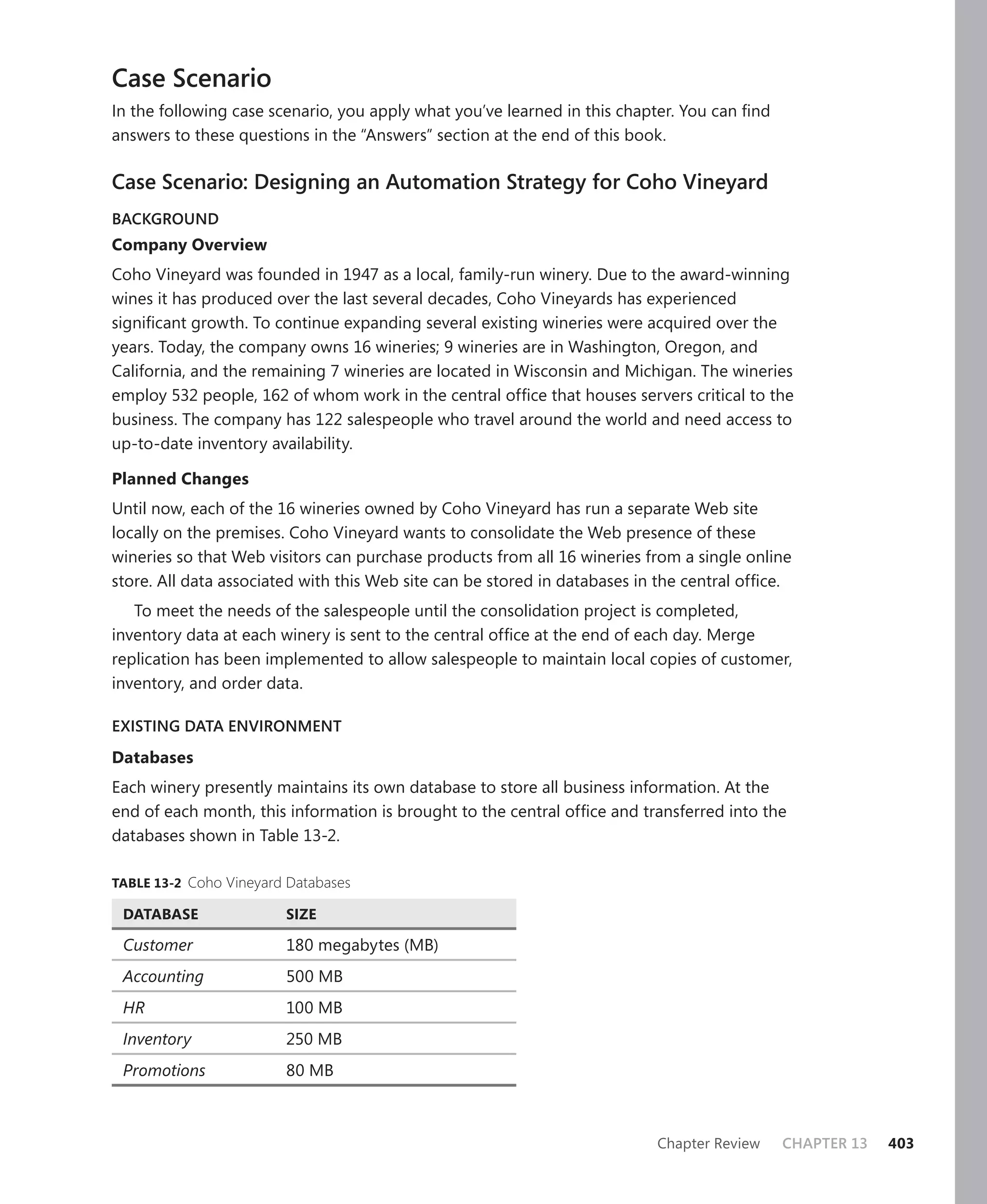 Case Scenario
In the following case scenario, you apply what you’ve learned in this chapter. You can ﬁnd
answers to these questions in the “Answers” section at the end of this book.

Case Scenario: Designing an Automation Strategy for Coho Vineyard
BACKGROUND
Company Overview
Coho Vineyard was founded in 1947 as a local, family-run winery. Due to the award-winning
wines it has produced over the last several decades, Coho Vineyards has experienced
signiﬁcant growth. To continue expanding several existing wineries were acquired over the
years. Today, the company owns 16 wineries; 9 wineries are in Washington, Oregon, and
California, and the remaining 7 wineries are located in Wisconsin and Michigan. The wineries
employ 532 people, 162 of whom work in the central ofﬁce that houses servers critical to the
business. The company has 122 salespeople who travel around the world and need access to
up-to-date inventory availability.

Planned Changes
Until now, each of the 16 wineries owned by Coho Vineyard has run a separate Web site
locally on the premises. Coho Vineyard wants to consolidate the Web presence of these
wineries so that Web visitors can purchase products from all 16 wineries from a single online
store. All data associated with this Web site can be stored in databases in the central ofﬁce.
   To meet the needs of the salespeople until the consolidation project is completed,
inventory data at each winery is sent to the central ofﬁce at the end of each day. Merge
replication has been implemented to allow salespeople to maintain local copies of customer,
inventory, and order data.

EXISTING DATA ENVIRONMENT

Databases
Each winery presently maintains its own database to store all business information. At the
end of each month, this information is brought to the central ofﬁce and transferred into the
databases shown in Table 13-2.

TABLE 13-2 Coho Vineyard Databases

 DATABASE               SIZE

 Customer               180 megabytes (MB)
 Accounting             500 MB
 HR                     100 MB
 Inventory              250 MB
 Promotions             80 MB



                                                                           Chapter Review    CHAPTER 13   403
 