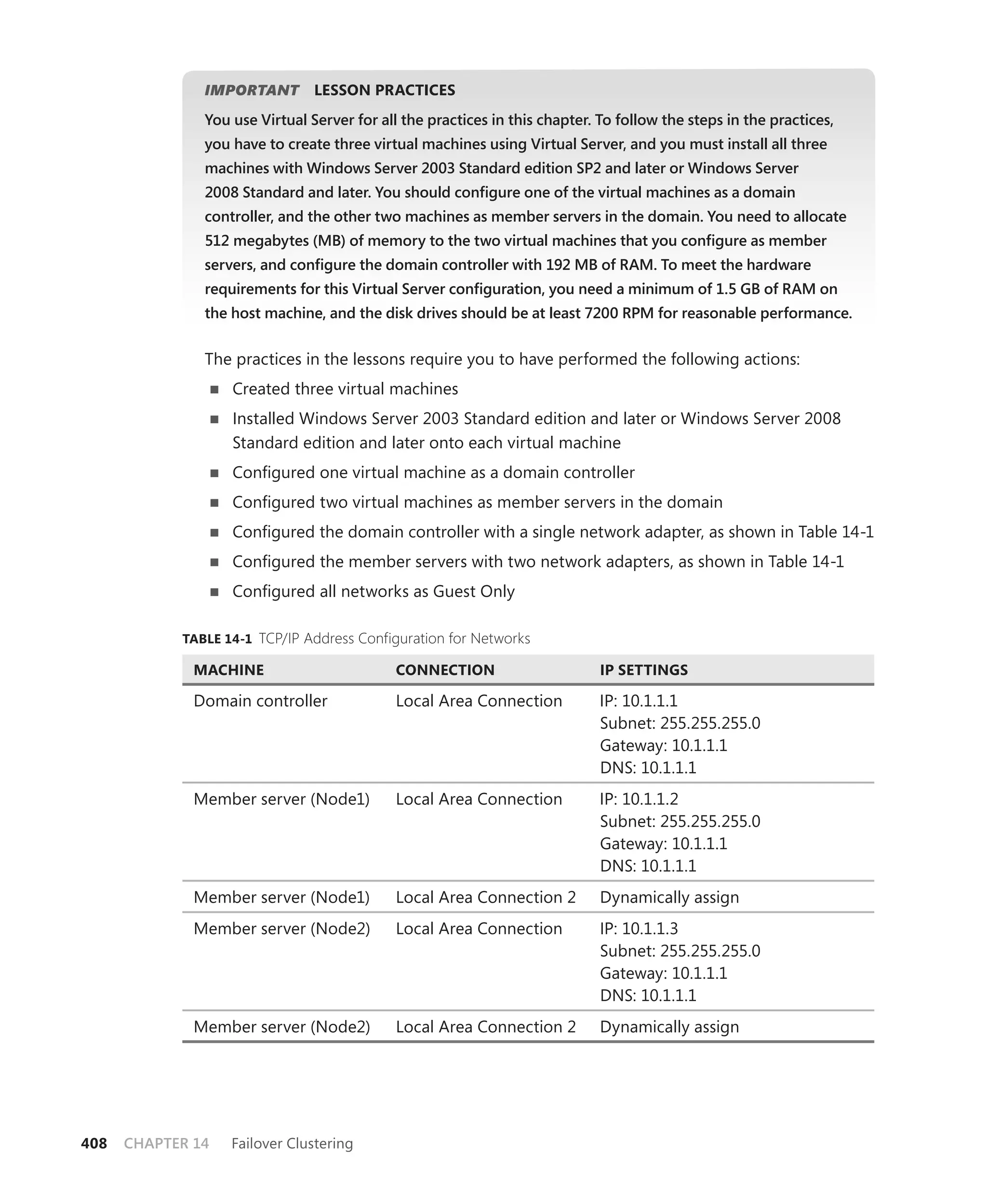 IMPORTANT
                       T        LESSON PRACTICES
               You use Virtual Server for all the practices in this chapter. To follow the steps in the practices,
               you have to create three virtual machines using Virtual Server, and you must install all three
               machines with Windows Server 2003 Standard edition SP2 and later or Windows Server
               2008 Standard and later. You should conﬁgure one of the virtual machines as a domain
               controller, and the other two machines as member servers in the domain. You need to allocate
               512 megabytes (MB) of memory to the two virtual machines that you conﬁgure as member
               servers, and conﬁgure the domain controller with 192 MB of RAM. To meet the hardware
               requirements for this Virtual Server conﬁguration, you need a minimum of 1.5 GB of RAM on
               the host machine, and the disk drives should be at least 7200 RPM for reasonable performance.


               The practices in the lessons require you to have performed the following actions:
                   Created three virtual machines
                   Installed Windows Server 2003 Standard edition and later or Windows Server 2008
                   Standard edition and later onto each virtual machine
                   Conﬁgured one virtual machine as a domain controller
                   Conﬁgured two virtual machines as member servers in the domain
                   Conﬁgured the domain controller with a single network adapter, as shown in Table 14-1
                   Conﬁgured the member servers with two network adapters, as shown in Table 14-1
                   Conﬁgured all networks as Guest Only

            TABLE 14-1 TCP/IP Address Configuration for Networks

              MACHINE                        CONNECTION                      IP SETTINGS

              Domain controller              Local Area Connection           IP: 10.1.1.1
                                                                             Subnet: 255.255.255.0
                                                                             Gateway: 10.1.1.1
                                                                             DNS: 10.1.1.1
              Member server (Node1)          Local Area Connection           IP: 10.1.1.2
                                                                             Subnet: 255.255.255.0
                                                                             Gateway: 10.1.1.1
                                                                             DNS: 10.1.1.1
              Member server (Node1)          Local Area Connection 2         Dynamically assign
              Member server (Node2)          Local Area Connection           IP: 10.1.1.3
                                                                             Subnet: 255.255.255.0
                                                                             Gateway: 10.1.1.1
                                                                             DNS: 10.1.1.1
              Member server (Node2)          Local Area Connection 2         Dynamically assign




408   CHAPTER 14   Failover Clustering
 