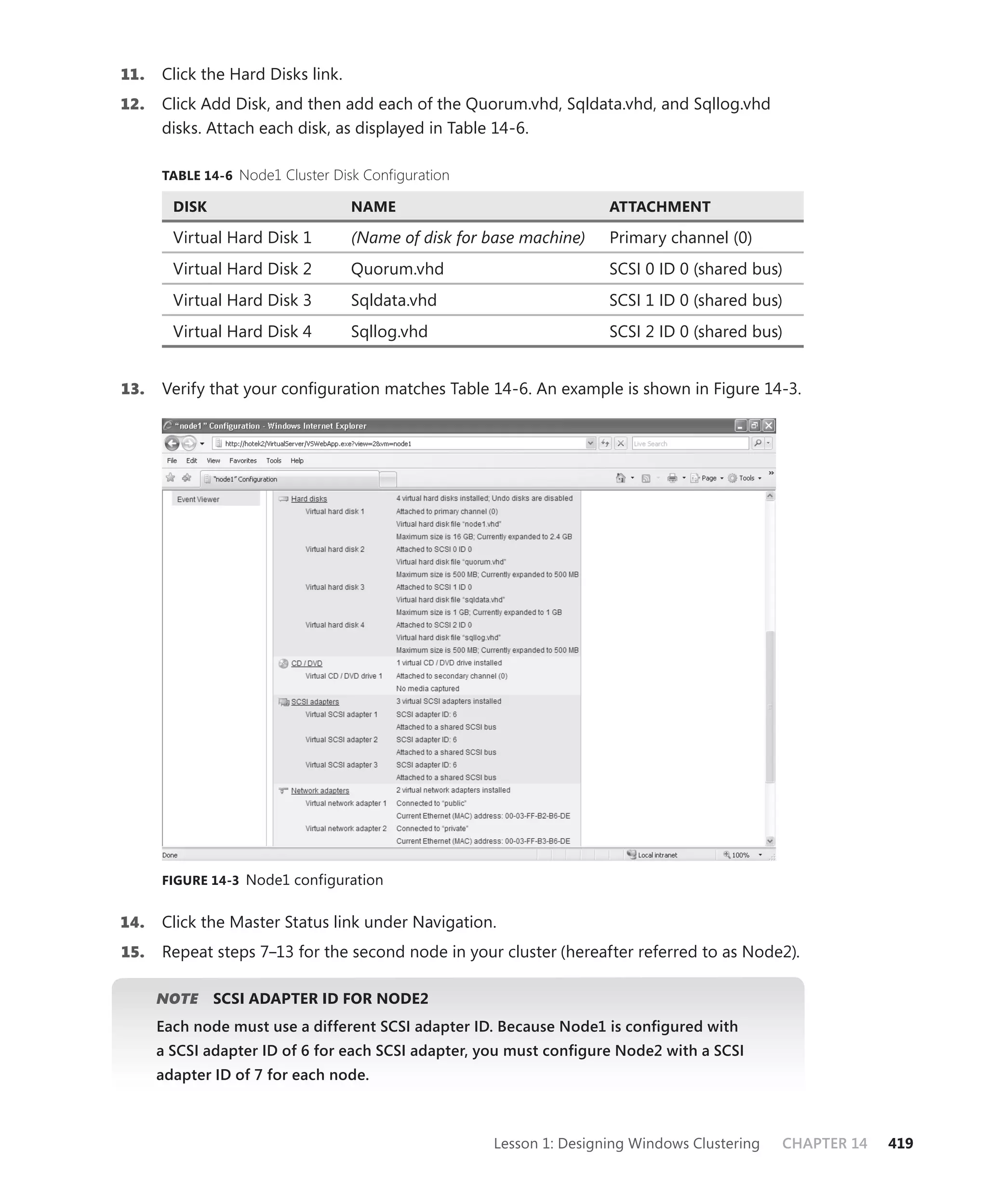 11.   Click the Hard Disks link.
12.   Click Add Disk, and then add each of the Quorum.vhd, Sqldata.vhd, and Sqllog.vhd
      disks. Attach each disk, as displayed in Table 14-6.

      TABLE 14-6 Node1 Cluster Disk Configuration

        DISK                       NAME                              ATTACHMENT

        Virtual Hard Disk 1        (Name of disk for base machine)   Primary channel (0)
        Virtual Hard Disk 2        Quorum.vhd                        SCSI 0 ID 0 (shared bus)
        Virtual Hard Disk 3        Sqldata.vhd                       SCSI 1 ID 0 (shared bus)
        Virtual Hard Disk 4        Sqllog.vhd                        SCSI 2 ID 0 (shared bus)


13.   Verify that your conﬁguration matches Table 14-6. An example is shown in Figure 14-3.




      FIGURE 14-3 Node1 configuration


14.   Click the Master Status link under Navigation.
15.   Repeat steps 7–13 for the second node in your cluster (hereafter referred to as Node2).

      NOTE
         E     SCSI ADAPTER ID FOR NODE2
      Each node must use a different SCSI adapter ID. Because Node1 is conﬁgured with
      a SCSI adapter ID of 6 for each SCSI adapter, you must conﬁgure Node2 with a SCSI
      adapter ID of 7 for each node.



                                                     Lesson 1: Designing Windows Clustering   CHAPTER 14   419
 