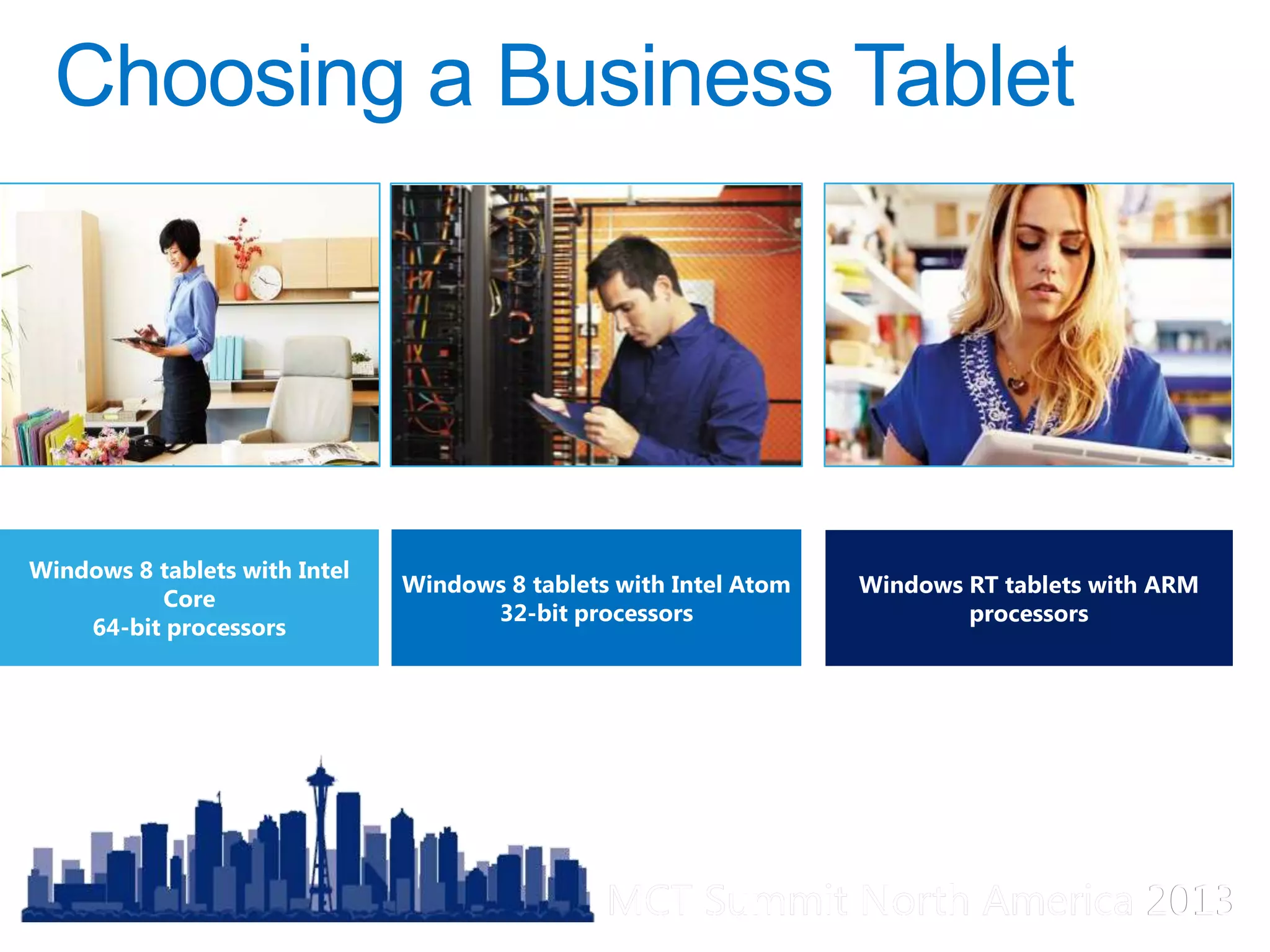 MCT Summit North America 2013MCT Summit North America 2013
Windows 8 tablets with Intel
Core
64-bit processors
Windows 8 tablets with Intel Atom
32-bit processors
Windows RT tablets with ARM
processors
 