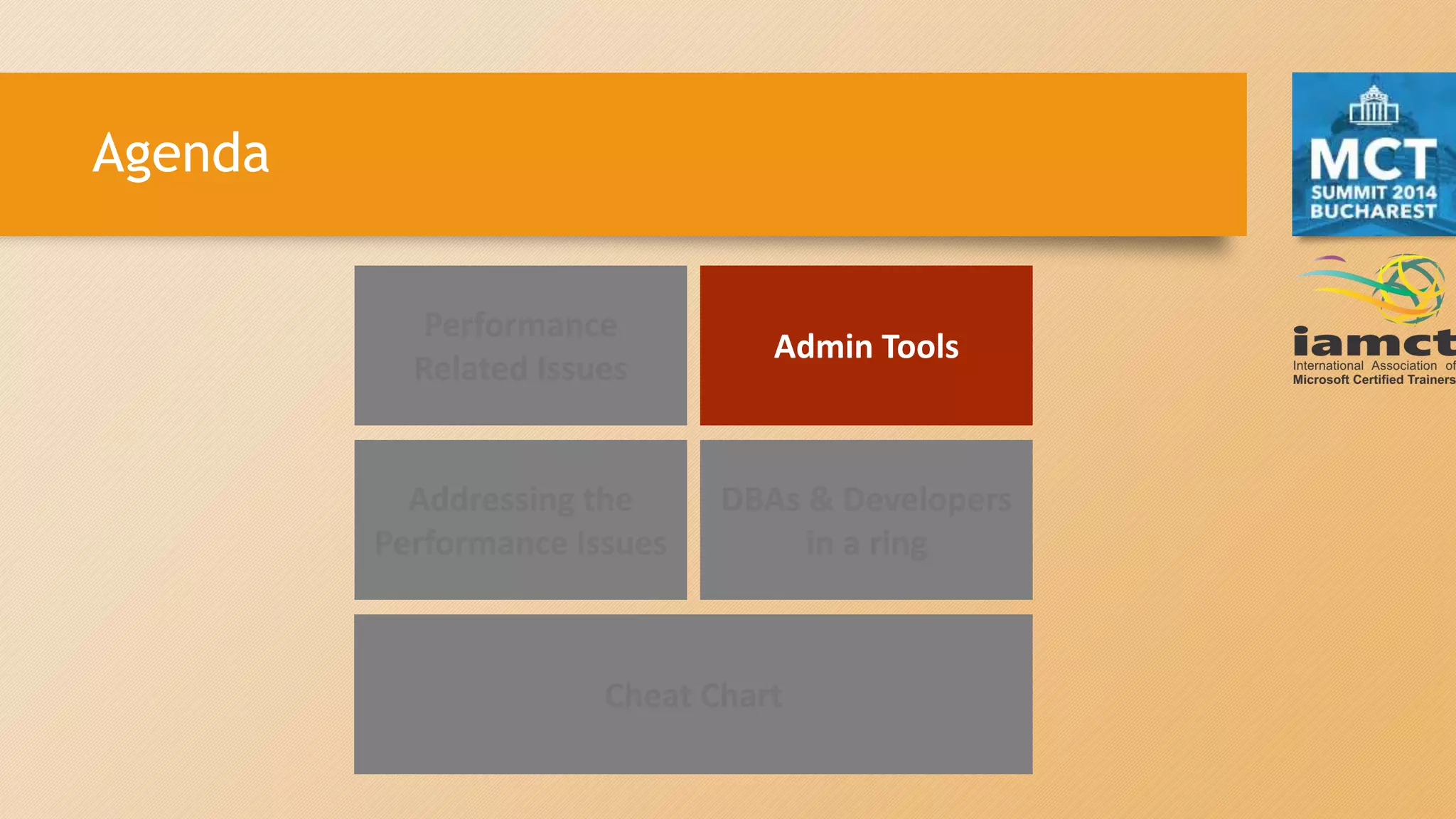 Agenda
Performance
Related Issues
Admin Tools
DBAs & Developers
in a ring
Addressing the
Performance Issues
Cheat Chart
 