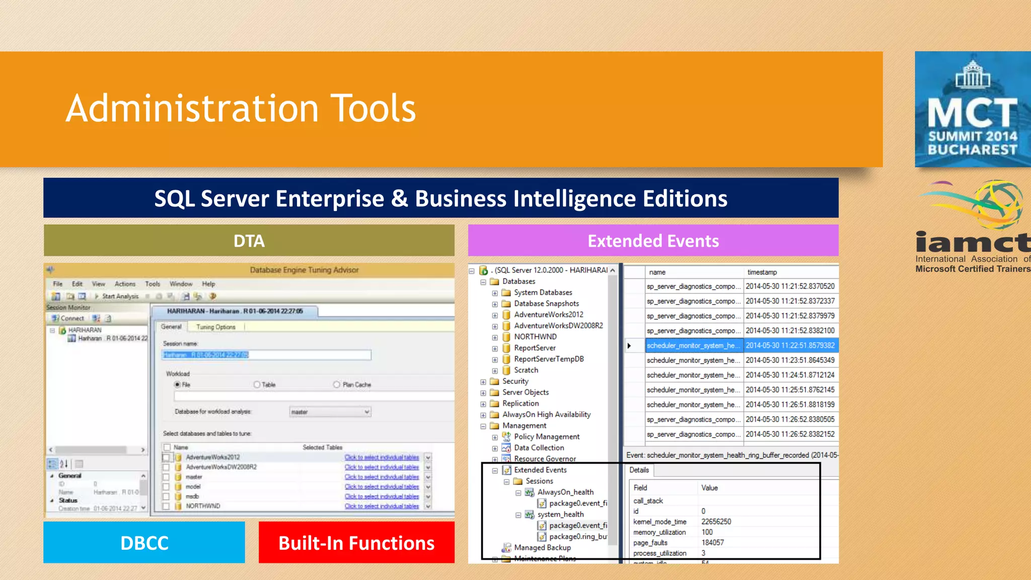 Administration Tools
SQL Server Enterprise & Business Intelligence Editions
DTA
DBCC
Extended Events
Built-In Functions
 