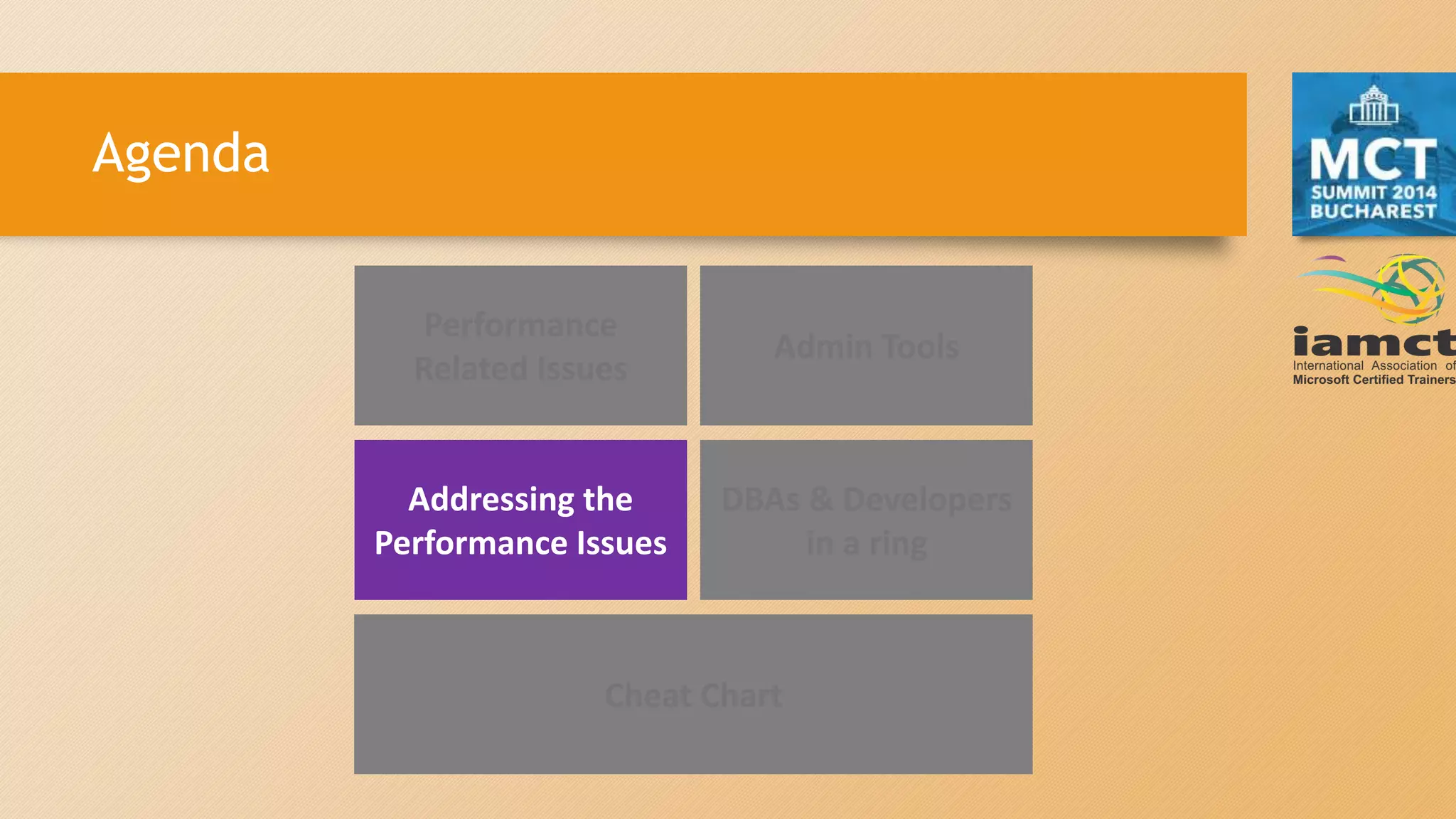 Agenda
Performance
Related Issues
Admin Tools
DBAs & Developers
in a ring
Addressing the
Performance Issues
Cheat Chart
 