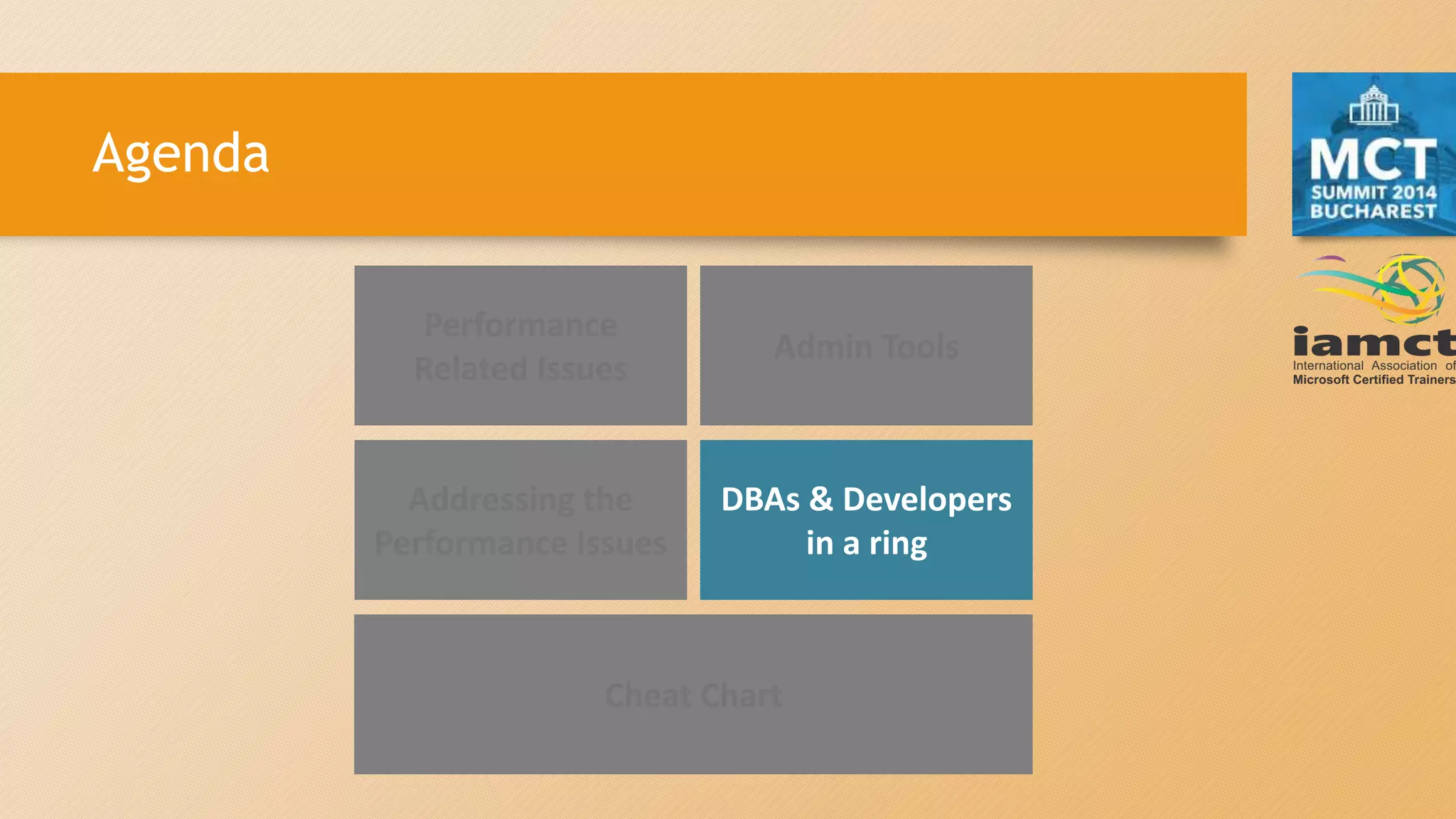 Agenda
Performance
Related Issues
Admin Tools
DBAs & Developers
in a ring
Addressing the
Performance Issues
Cheat Chart
 