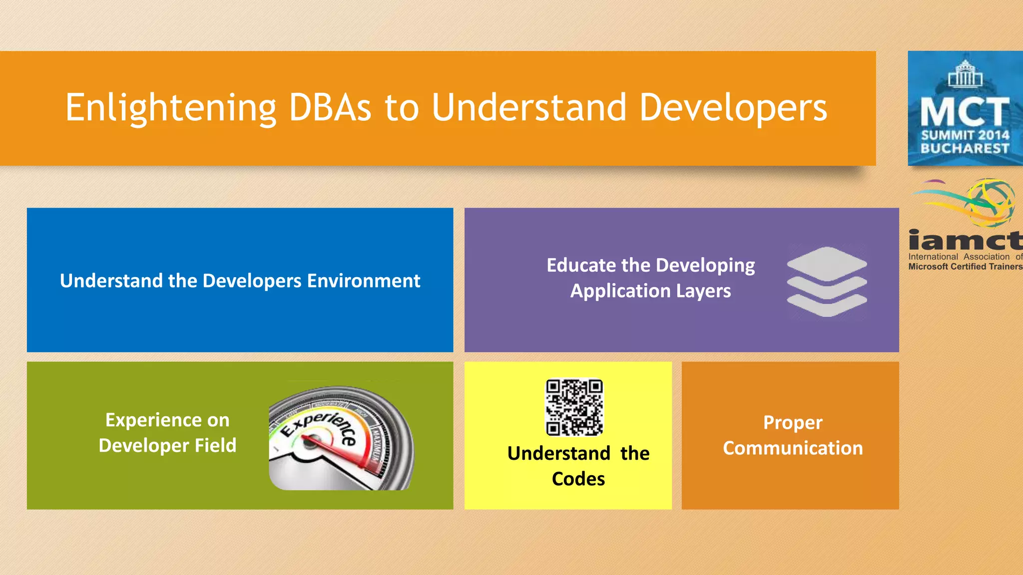 Enlightening DBAs to Understand Developers
Understand the Developers Environment
Educate the Developing
Application Layers
Experience on
Developer Field Understand the
Codes
Proper
Communication
 