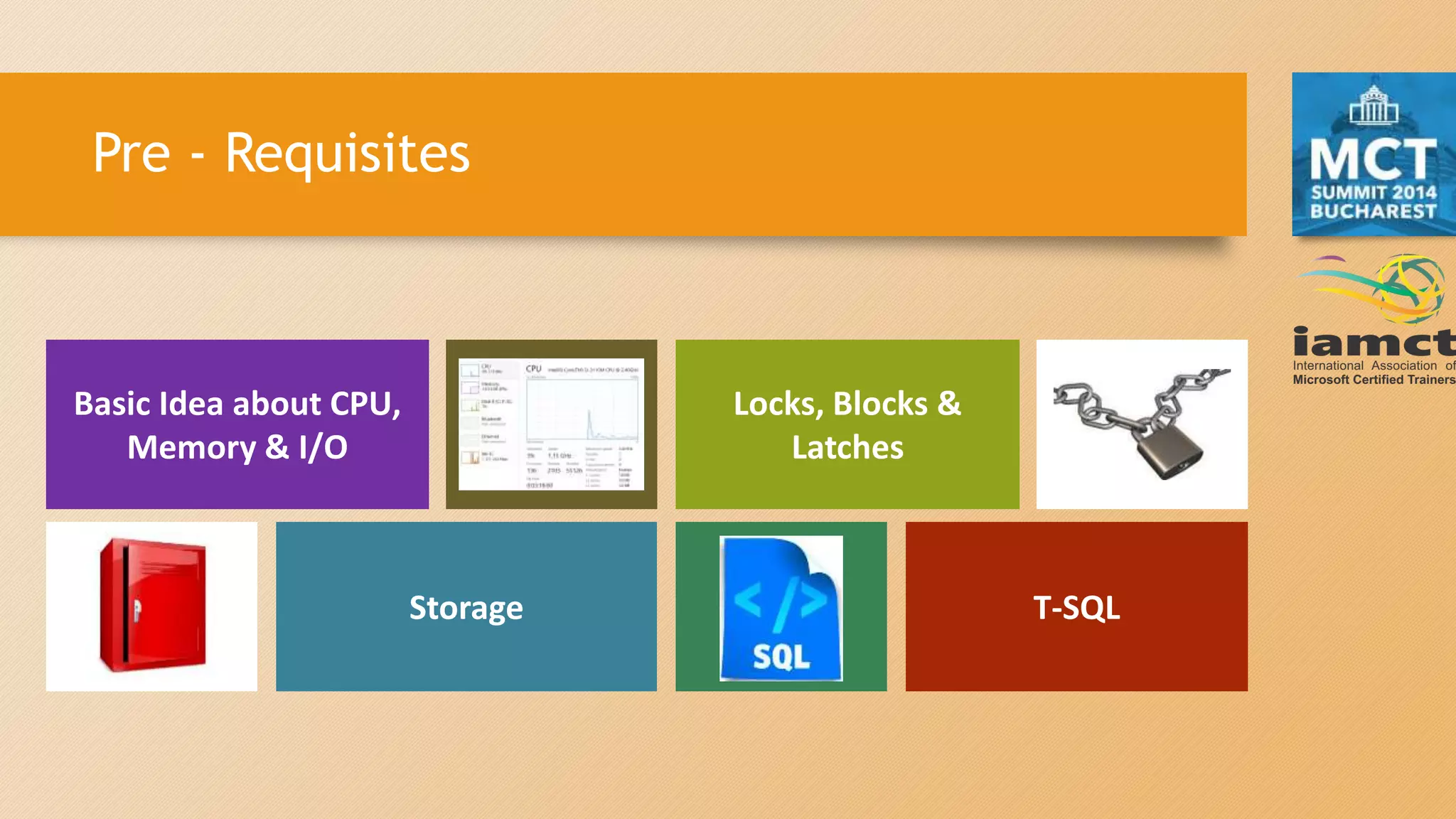 Pre - Requisites
Basic Idea about CPU,
Memory & I/O
Locks, Blocks &
Latches
Storage T-SQL
 