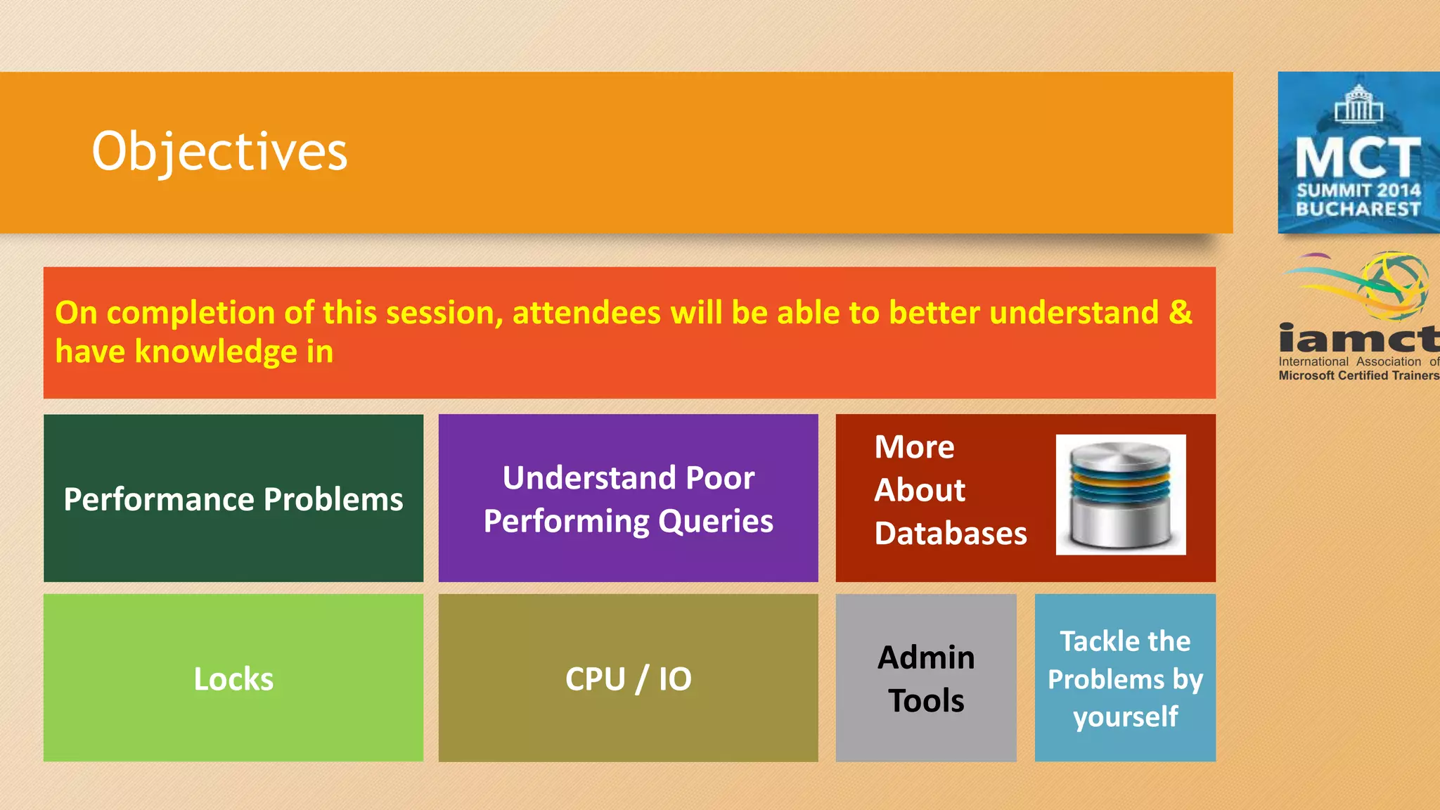 Objectives
On completion of this session, attendees will be able to better understand &
have knowledge in
Performance Problems
Locks CPU / IO
Understand Poor
Performing Queries
Tackle the
Problems by
yourself
Admin
Tools
More
About
Databases
 