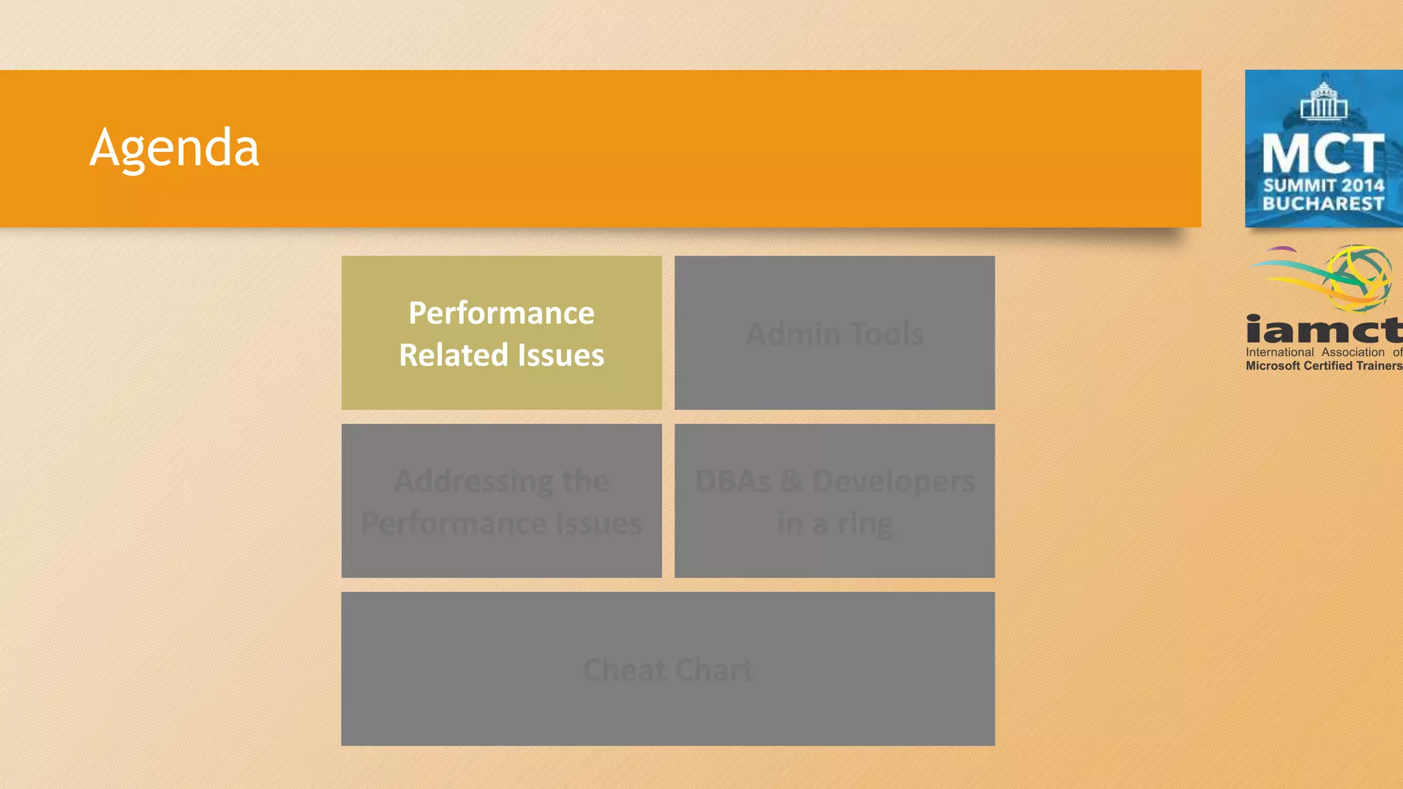 Agenda
Performance
Related Issues
Admin Tools
DBAs & Developers
in a ring
Addressing the
Performance Issues
Cheat Chart
 