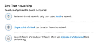 Zero Trust networking
Realities of perimeter-based networks:
Perimeter-based networks only trust users inside a network
Single point of attack can threaten the entire network
Security teams and end user IT teams often use separate and disjointed tools
and strategy
 