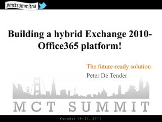 Building a hybrid Exchange 2010-
       Office365 platform!
                       The future-ready solution
                       Peter De Tender




           October 19–21, 2011
 