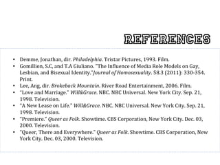 References
	
  
•  Demme,	
  Jonathan,	
  dir.	
  Philadelphia.	
  Tristar	
  Pictures,	
  1993.	
  Film.	
  
•  Gomillion,	
  S.C,	
  and	
  T.A	
  Giuliano.	
  "The	
  In^luence	
  of	
  Media	
  Role	
  Models	
  on	
  Gay,	
  
     Lesbian,	
  and	
  Bisexual	
  Identity."Journal	
  of	
  Homosexuality.	
  58.3	
  (2011):	
  330-­‐354.	
  
     Print.	
  	
  
•  Lee,	
  Ang,	
  dir.	
  Brokeback	
  Mountain.	
  River	
  Road	
  Entertainment,	
  2006.	
  Film.	
  
•  “Love	
  and	
  Marriage.”	
  Will&Grace.	
  NBC.	
  NBC	
  Universal.	
  New	
  York	
  City.	
  Sep.	
  21,	
  
     1998.	
  Television.	
  	
  
•  “A	
  New	
  Lease	
  on	
  Life.”	
  Will&Grace.	
  NBC.	
  NBC	
  Universal.	
  New	
  York	
  City.	
  Sep.	
  21,	
     	
  
     1998.	
  Television.	
  	
  
•  “Premiere.”	
  Queer	
  as	
  Folk.	
  Showtime.	
  CBS	
  Corporation,	
  New	
  York	
  City.	
  Dec.	
  03,	
  
     2000.	
  Television.	
  
•  “Queer,	
  There	
  and	
  Everywhere.”	
  Queer	
  as	
  Folk.	
  Showtime.	
  CBS	
  Corporation,	
  New	
  
     York	
  City.	
  Dec.	
  03,	
  2000.	
  Television.	
  
	
  
 
