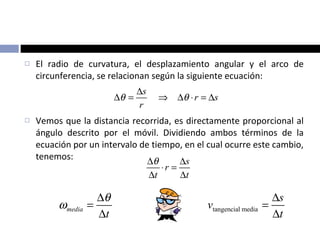 El radio de curvatura, el desplazamiento angular y el arco de circunferencia, se relacionan según la siguiente ecuación: Vemos que la distancia recorrida, es directamente proporcional al ángulo descrito por el móvil. Dividiendo ambos términos de la ecuación por un intervalo de tiempo, en el cual ocurre este cambio, tenemos: 