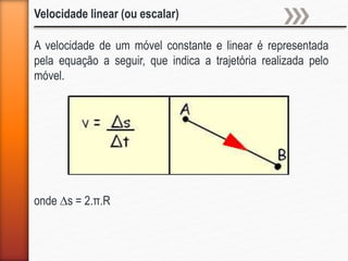 A velocidade de um móvel constante e linear é representada
pela equação a seguir, que indica a trajetória realizada pelo
móvel.
Velocidade linear (ou escalar)
onde ∆s = 2.π.R
 