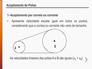 Acoplamento de Polias
1- Acoplamento por correia ou corrente
• Apresenta velocidade escalar igual em todos os pontos,
considerando que a correia ou corrente não varie de tamanho.
As velocidades lineares das polias A e B são iguais (vA = vB).
 