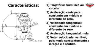 Características: 1) Trajetória: curvilínea ou
circular.
2) Aceleração centrípeta:
constante em módulo e
diferente de zero.
3) Velocidade tangencial:
constante em módulo e
diferente de zero.
4) Aceleração tangencial: nula.
5) Vetor velocidade: variável,
pois muda constantemente a
direção e o sentido.
 
