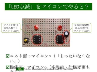 2013/7/3 Interface Device Laboratory, Kanazawa University http://ifdl.jp/
「LED点滅」をマイコンでやると？
コスト面：マイコン○（「もったいなくな
い」）
機能面：マイコン○（多機能・仕様変更も
マイコン使用
部品点数＝１
コスト：100円
発振回路(555)
部品点数＝4
コスト：150円
 