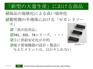 2013/7/3 Interface Device Laboratory, Kanazawa University http://ifdl.jp/
「新型の大量生産」における部品
部品の規格化による高い効率化
黎明期の半導体における「セカンドソー
ス」
「真の汎用品」
741、555、74シリーズ、・・・
主に供給安定化が目的
電子情報機器の設計・製造に
与えたメリットは、はかりしれない
(Wikipediaより)
 