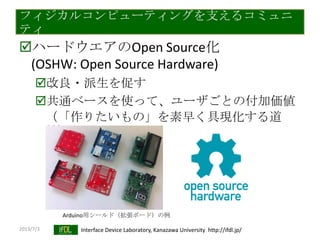 2013/7/3 Interface Device Laboratory, Kanazawa University http://ifdl.jp/
フィジカルコンピューティングを支えるコミュニ
ティ
ハードウエアのOpen Source化
(OSHW: Open Source Hardware)
改良・派生を促す
共通ベースを使って、ユーザごとの付加価値
（「作りたいもの」を素早く具現化する道
具）
Arduino用シールド（拡張ボード）の例
 