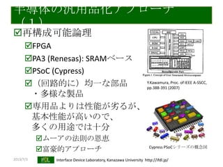2013/7/3 Interface Device Laboratory, Kanazawa University http://ifdl.jp/
半導体の汎用品化アプローチ
（１）
再構成可能論理
FPGA
PA3 (Renesas): SRAMベース
PSoC (Cypress)
（回路的に）均一な部品
・多様な製品
専用品よりは性能が务るが、
基本性能が高いので、
多くの用途では十分
ムーアの法則の恩恵
富豪的アプローチ
Y.Kawamura, Proc. of IEEE A-SSCC,
pp.388-391 (2007)
Cypress PSoCシリーズの概念図
 
