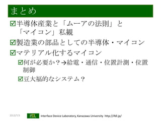 2013/7/3 Interface Device Laboratory, Kanazawa University http://ifdl.jp/
まとめ
半導体産業と「ムーアの法則」と
「マイコン」私観
製造業の部品としての半導体・マイコン
マテリアル化するマイコン
何が必要か？→給電・通信・位置計測・位置
制御
豆大福的なシステム？
 