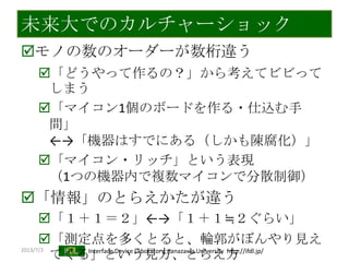 2013/7/3 Interface Device Laboratory, Kanazawa University http://ifdl.jp/
未来大でのカルチャーショック
モノの数のオーダーが数桁違う
「どうやって作るの？」から考えてビビって
しまう
「マイコン1個のボードを作る・仕込む手
間」
←→「機器はすでにある（しかも陳腐化）」
「マイコン・リッチ」という表現
（1つの機器内で複数マイコンで分散制御）
「情報」のとらえかたが違う
「１＋１＝２」←→「１＋１≒２ぐらい」
「測定点を多くとると、輪郭がぼんやり見え
てくる」という見方、とらえ方
 