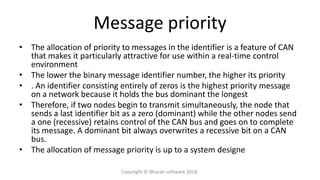Message priority
• The allocation of priority to messages in the identifier is a feature of CAN
that makes it particularly attractive for use within a real-time control
environment
• The lower the binary message identifier number, the higher its priority
• . An identifier consisting entirely of zeros is the highest priority message
on a network because it holds the bus dominant the longest
• Therefore, if two nodes begin to transmit simultaneously, the node that
sends a last identifier bit as a zero (dominant) while the other nodes send
a one (recessive) retains control of the CAN bus and goes on to complete
its message. A dominant bit always overwrites a recessive bit on a CAN
bus.
• The allocation of message priority is up to a system designe
Copyright © Bharati software 2018.
 