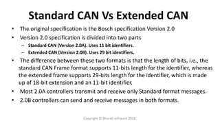 Standard CAN Vs Extended CAN
• The original specification is the Bosch specification Version 2.0
• Version 2.0 specification is divided into two parts
– Standard CAN (Version 2.0A). Uses 11 bit identifiers.
– Extended CAN (Version 2.0B). Uses 29 bit identifiers.
• The difference between these two formats is that the length of bits, i.e., the
standard CAN Frame format supports 11-bits length for the identifier, whereas
the extended frame supports 29-bits length for the identifier, which is made
up of 18-bit extension and an 11-bit identifier.
• Most 2.0A controllers transmit and receive only Standard format messages.
• 2.0B controllers can send and receive messages in both formats.
Copyright © Bharati software 2018.
 