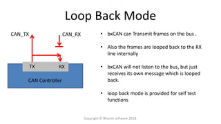 Loop Back Mode
TX RX
CAN Controller
CAN_RXCAN_TX • bxCAN can Transmit frames on the bus .
• Also the frames are looped back to the RX
line internally
• bxCAN will not listen to the bus, but just
receives its own message which is looped
back.
• loop back mode is provided for self test
functions
Copyright © Bharati software 2018.
 