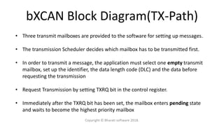 bXCAN Block Diagram(TX-Path)
• Three transmit mailboxes are provided to the software for setting up messages.
• The transmission Scheduler decides which mailbox has to be transmitted first.
• In order to transmit a message, the application must select one empty transmit
mailbox, set up the identifier, the data length code (DLC) and the data before
requesting the transmission
• Request Transmission by setting TXRQ bit in the control register.
• Immediately after the TXRQ bit has been set, the mailbox enters pending state
and waits to become the highest priority mailbox
Copyright © Bharati software 2018.
 