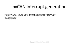 bxCAN interrupt generation
Refer RM : Figure 396. Event flags and interrupt
generation
Copyright © Bharati software 2018.
 