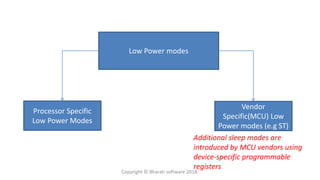 Low Power modes
Processor Specific
Low Power Modes
Vendor
Specific(MCU) Low
Power modes (e.g ST)
Additional sleep modes are
introduced by MCU vendors using
device-specific programmable
registers
Copyright © Bharati software 2018.
 