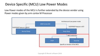 ARM Cortex M4
Normal Sleep Deep Sleep
STOP Stand By
MCU extension
Specific to Vendor of the MCU
SLEEPDEEP feature is SET
SLEEPDEEP feature is RESET
Architectural Low power mode
Low Power modes of the MCU is further extended by the device vendor using
Power modes given by arm cortex M Processor
Device Specific (MCU) Low Power Modes
Copyright © Bharati software 2018.
 